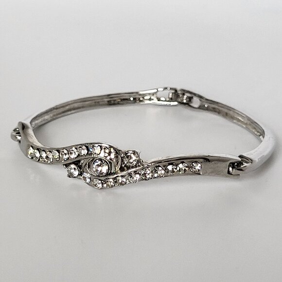 Rhinestone Silver Bracelet Rhodium Plated Bangle Box Clasp 7" - Picture 1 of 5